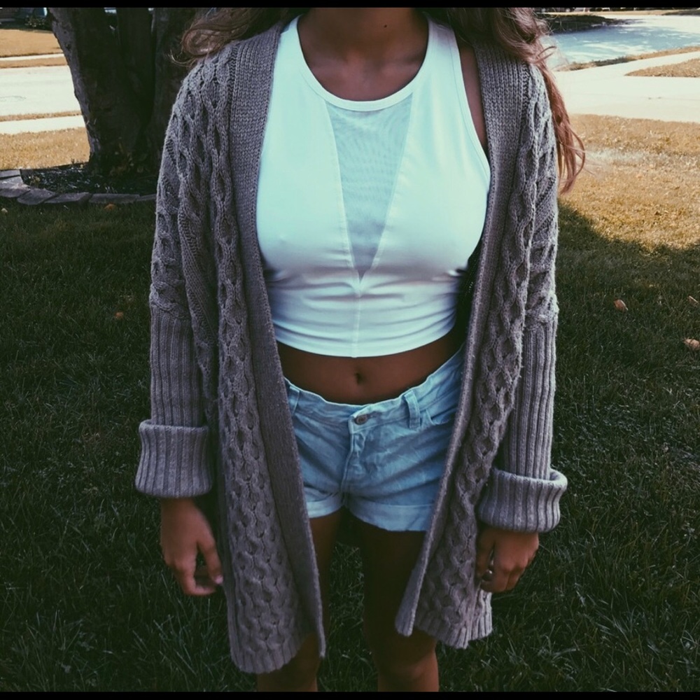 Tan chunky-knit cardigan